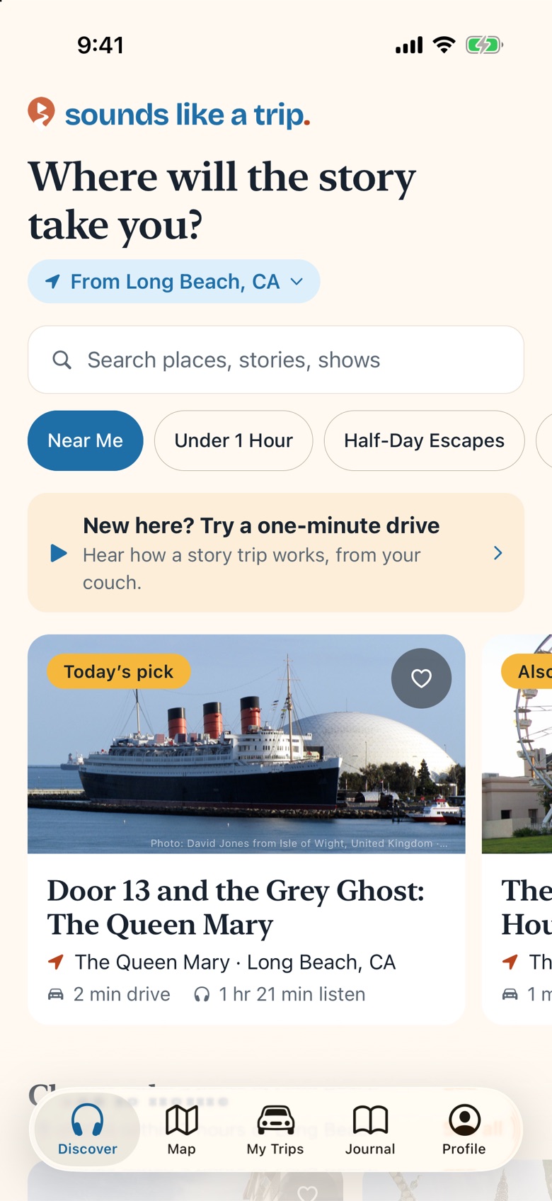 The Discover screen, with today's pick: the Queen Mary in Long Beach
