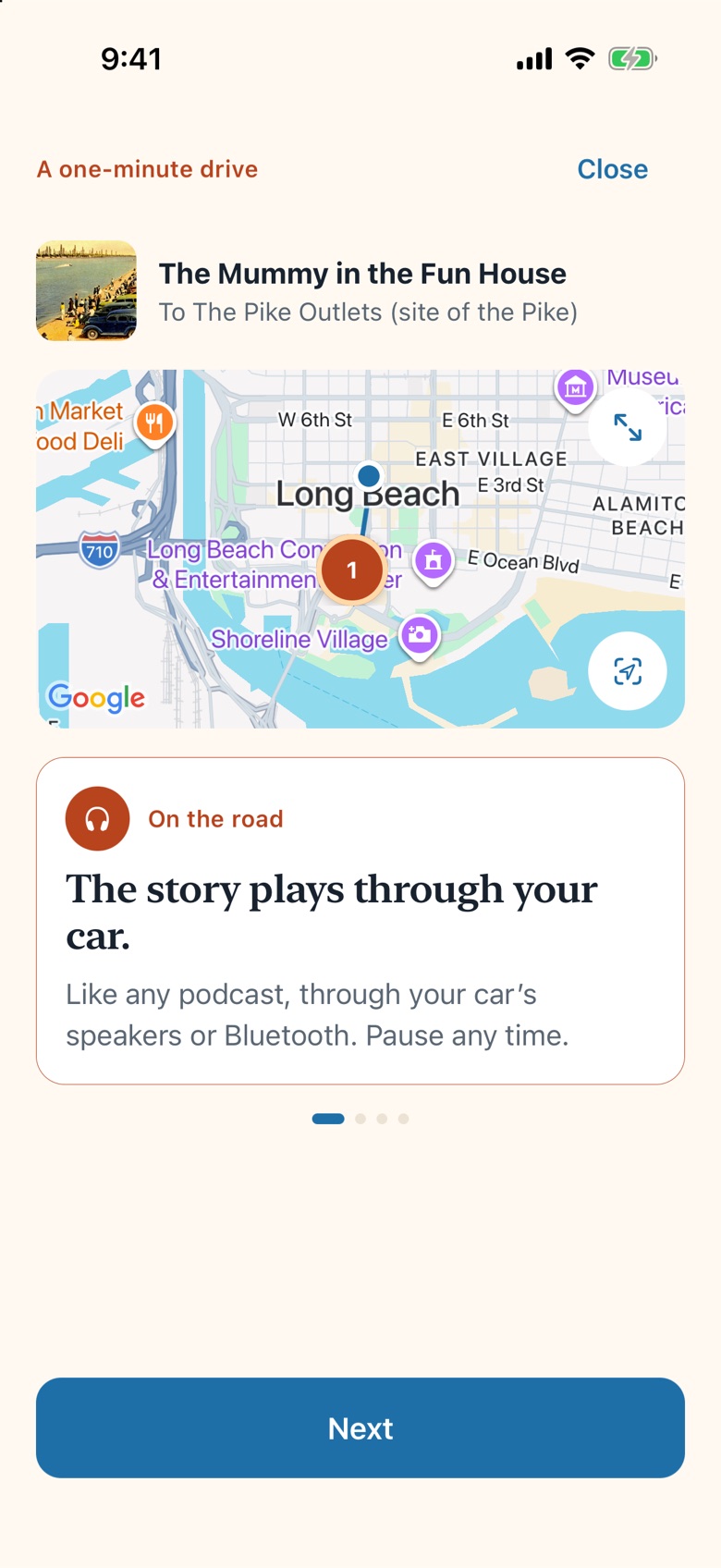 A drive in progress: the map of Long Beach and the story playing through the car