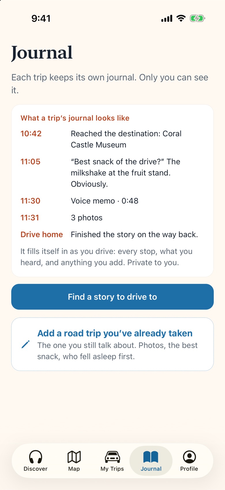 A trip journal: each stop, what you heard, a voice memo and photos
